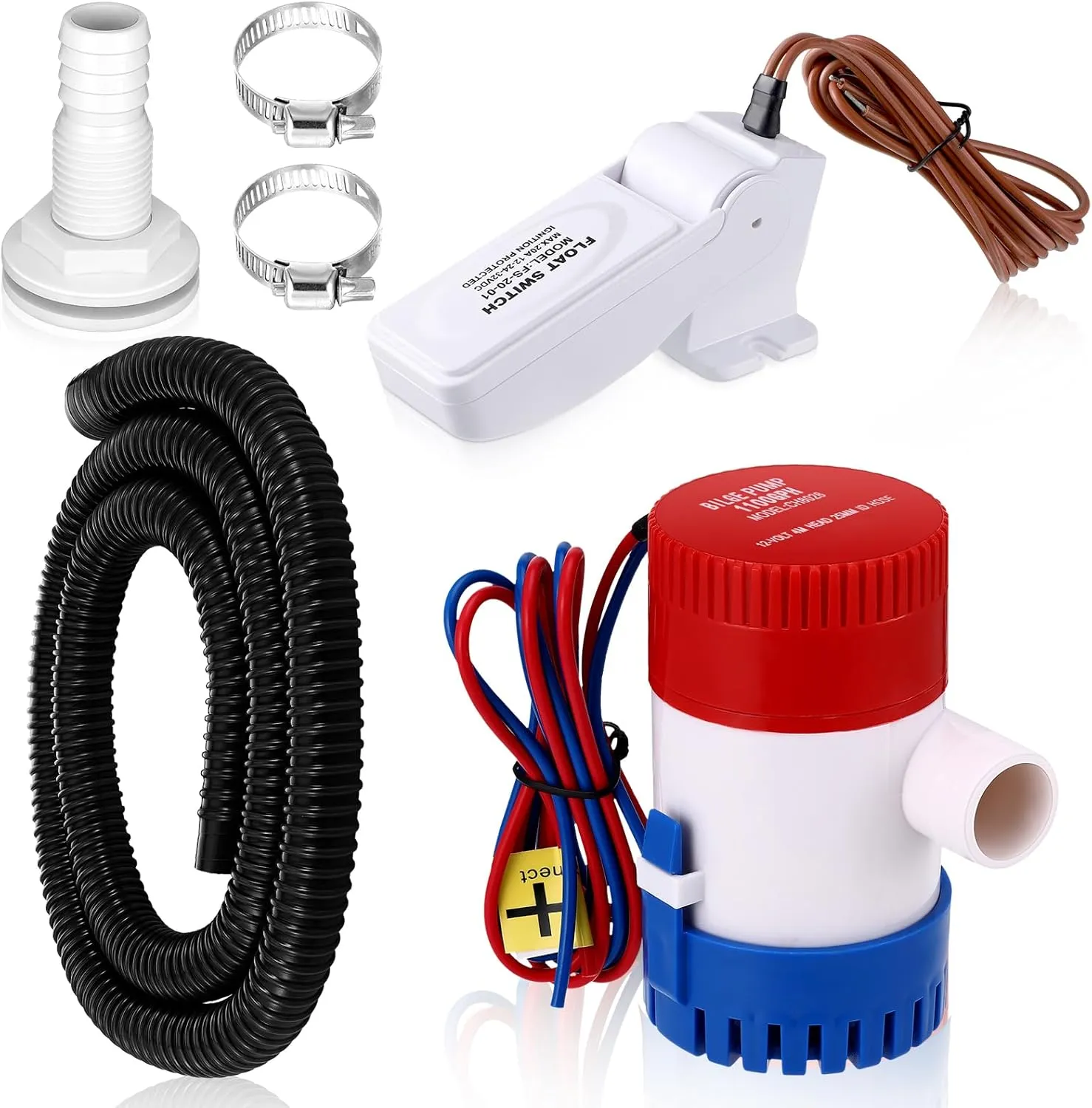 Landhoow Boat Bilge Water Pump, 12 V 1100 GPH Submersible Electric Marine Bilge Pump and Automatic Boat Bilge Pump Float Switch 12 V 24 V 32 V with Hose, Clamps, Thru Hull Connectors for Boats