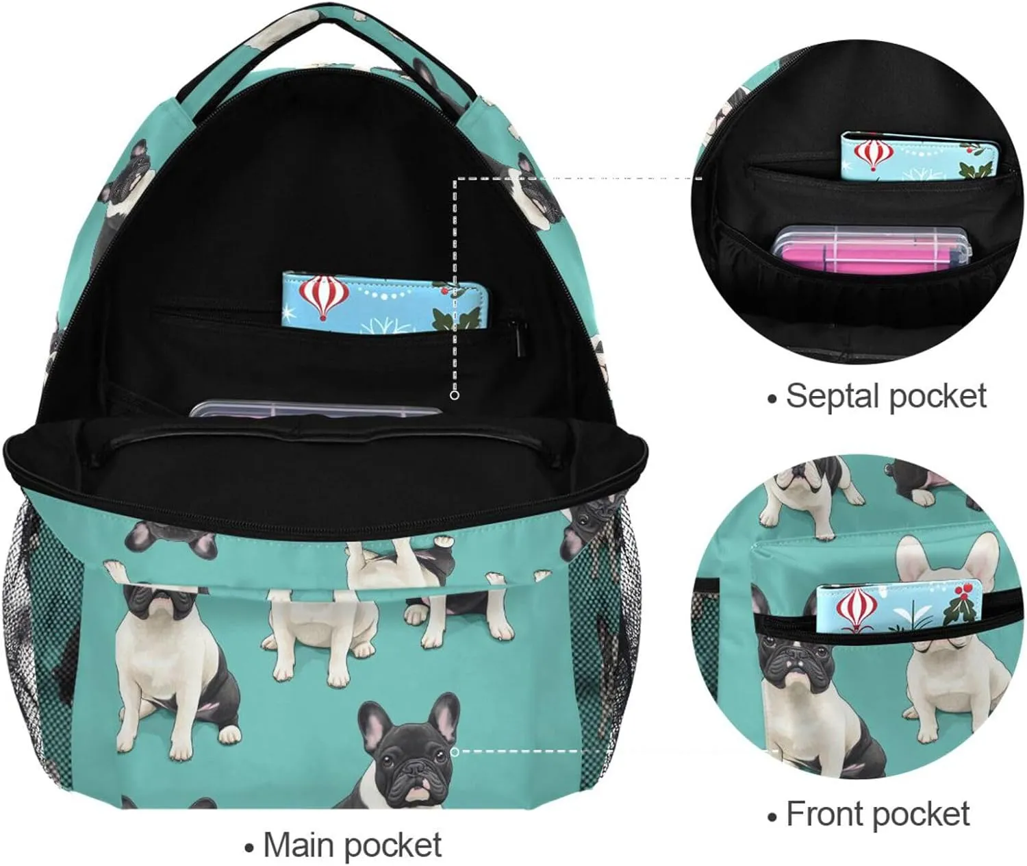 Laptop Backpack for Women Men Waterproof Vintage Daypacks with Chest Strap Gift Men & Women Cartoon Sweet French Bulldog Dogs Turquoise