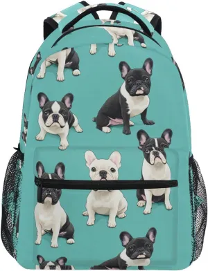 Laptop Backpack for Women Men Waterproof Vintage Daypacks with Chest Strap Gift Men & Women Cartoon Sweet French Bulldog Dogs Turquoise