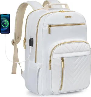 Laptop Backpack for Women, Work Travel Computer Bags, Quilted Casual Daypack with USB Port, Waterproof Computer Backpack Fit 15.6 Inch Laptop (White)