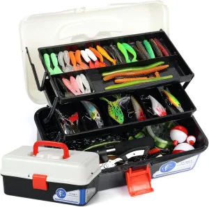 Large 3 Layers Tackle Box with Tackle Included, 368Pcs Fishing Lures Kit Contains Pliers,Crankbait,Hooks,Weights & Accessories, Fishing Gear Bait Lure Gifts for Men Bass Freshwater (Black White)