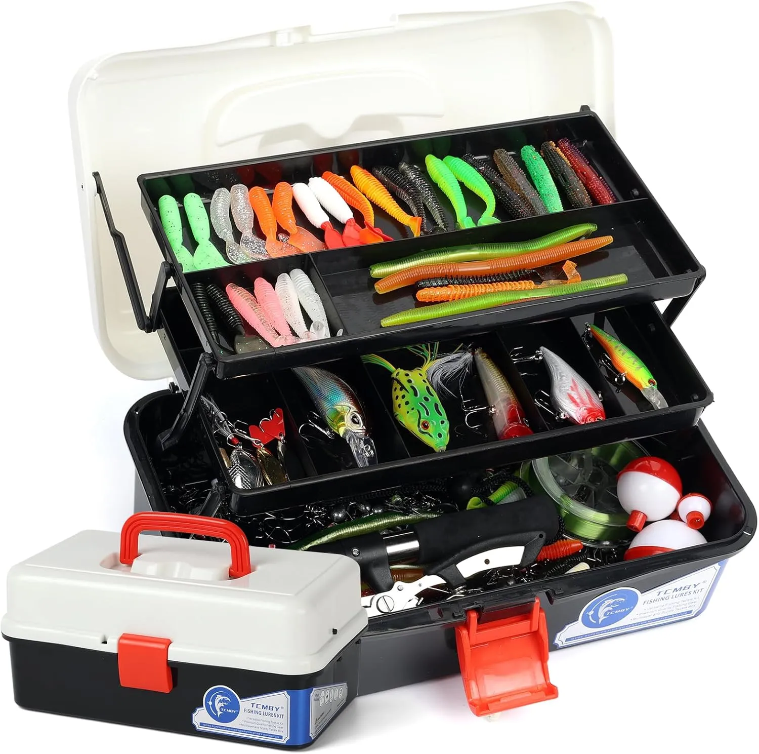 Large 3 Layers Tackle Box with Tackle Included, 368Pcs Fishing Lures Kit Contains Pliers,Crankbait,Hooks,Weights & Accessories, Fishing Gear Bait Lure Gifts for Men Bass Freshwater (Black White)