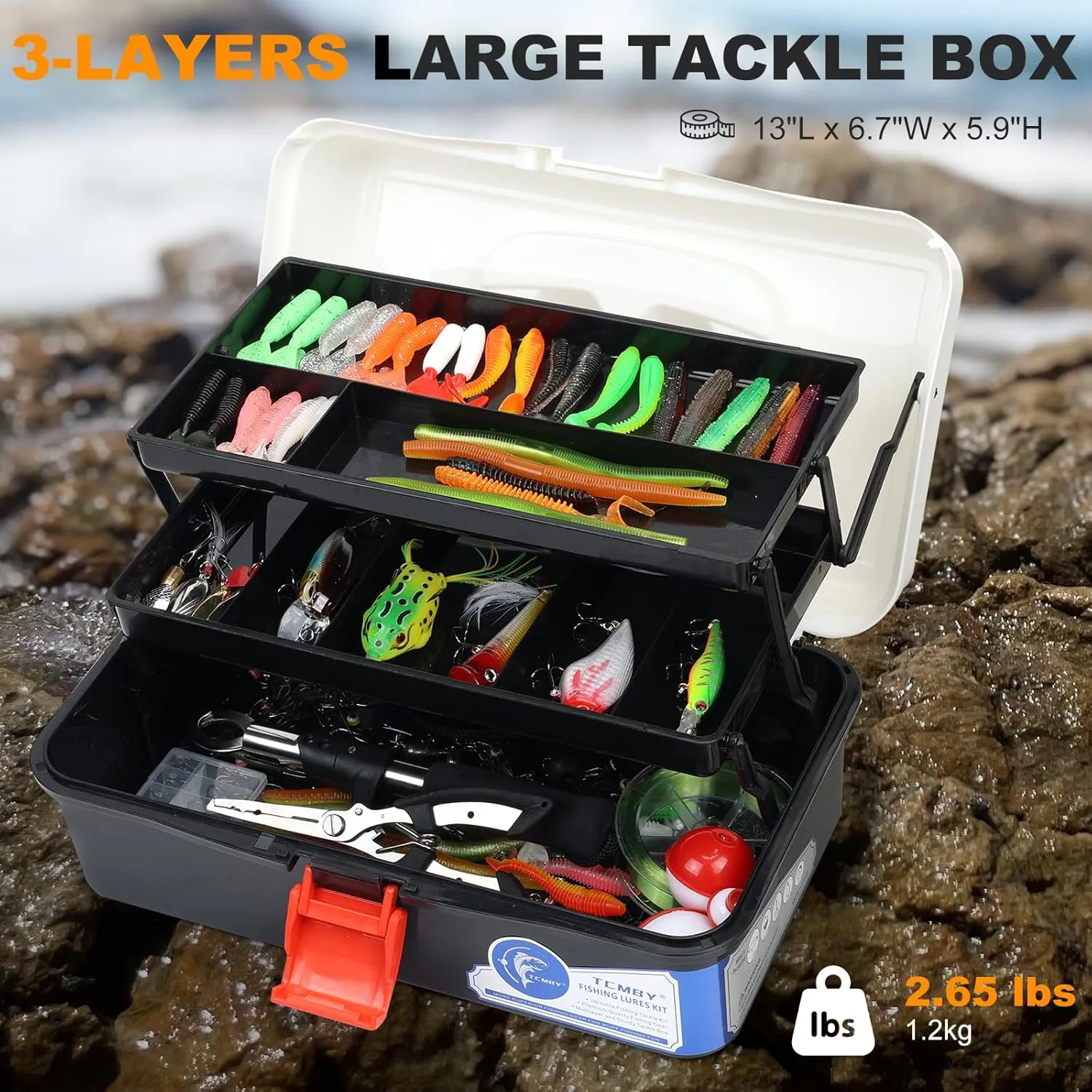Large 3 Layers Tackle Box with Tackle Included, 368Pcs Fishing Lures Kit Contains Pliers,Crankbait,Hooks,Weights & Accessories, Fishing Gear Bait Lure Gifts for Men Bass Freshwater (Black White)