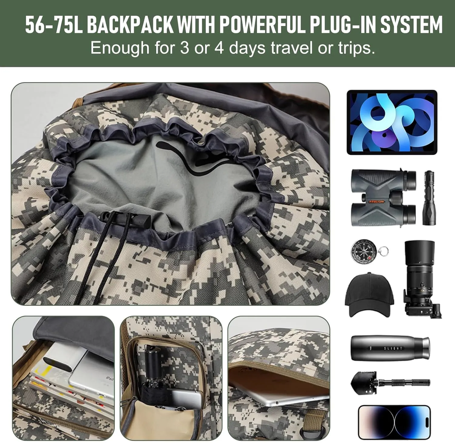 Large Capacity Hiking Backpack, Hiking for Men 56L/70L Camping Backpack 3 Days Pack for Climbing (New bundle number)