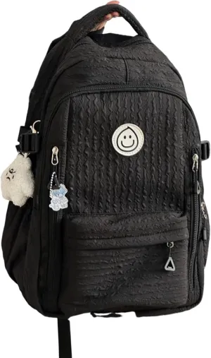Large Capacity Textured Waterproof Backpack with pins and Accessories small cosmetic bag (Black)