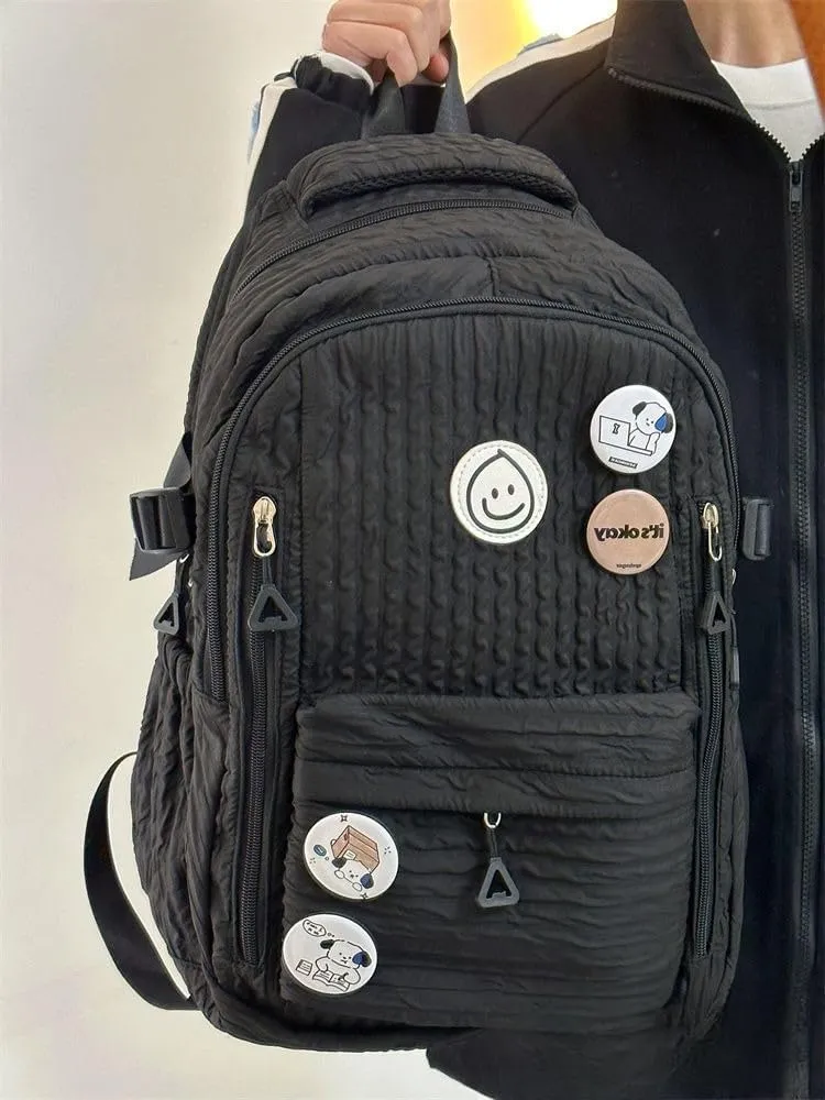 Large Capacity Textured Waterproof Backpack with pins and Accessories small cosmetic bag (Black)