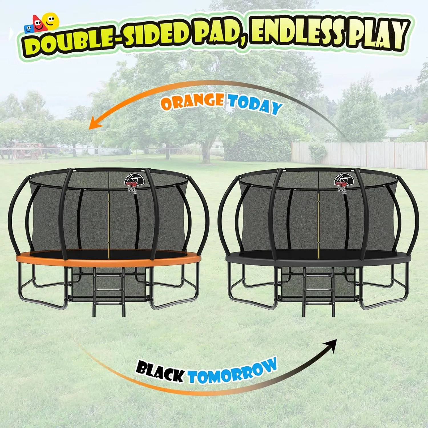 Large Outdoor Trampoline with Basketball Hoop, 10-16FT with Lights for Kids and Adults, Recreational Trampoline with Sprinkler and Stakes