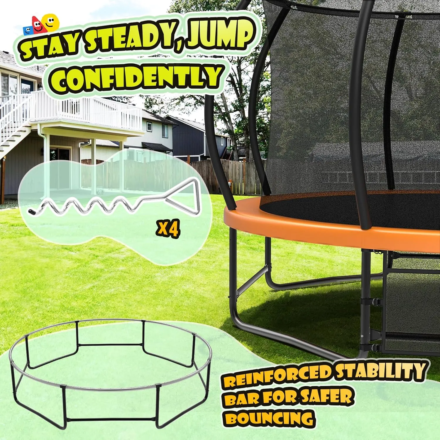 Large Outdoor Trampoline with Basketball Hoop, 10-16FT with Lights for Kids and Adults, Recreational Trampoline with Sprinkler and Stakes