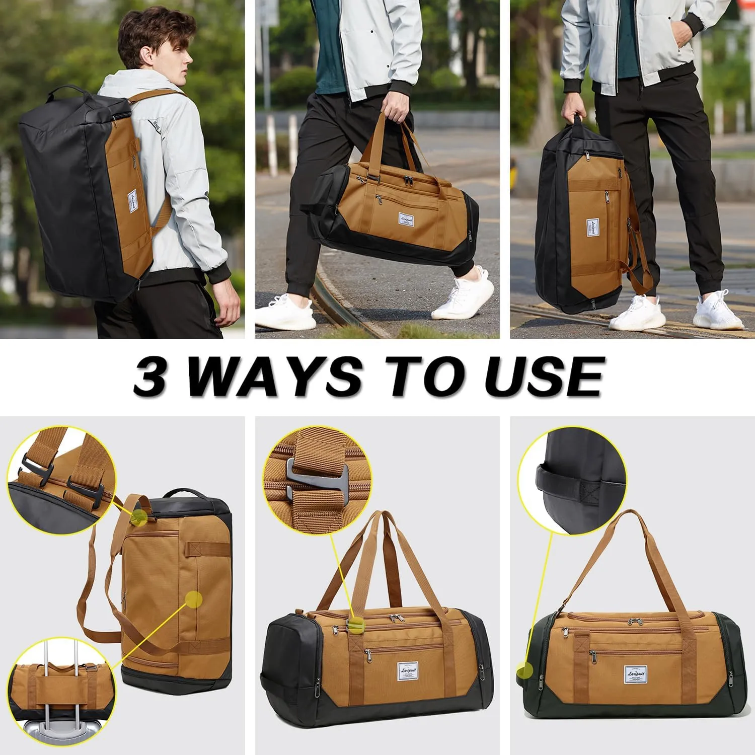 Laripwit Gym Bag Backpack for Men 40L Medium Sports Basketball Duffle Bag with Shoes Compartment & Wet Pocket, Travel Duffel Bag Backpacks for Weekender traveling, Womens Overnight Bag, Brown