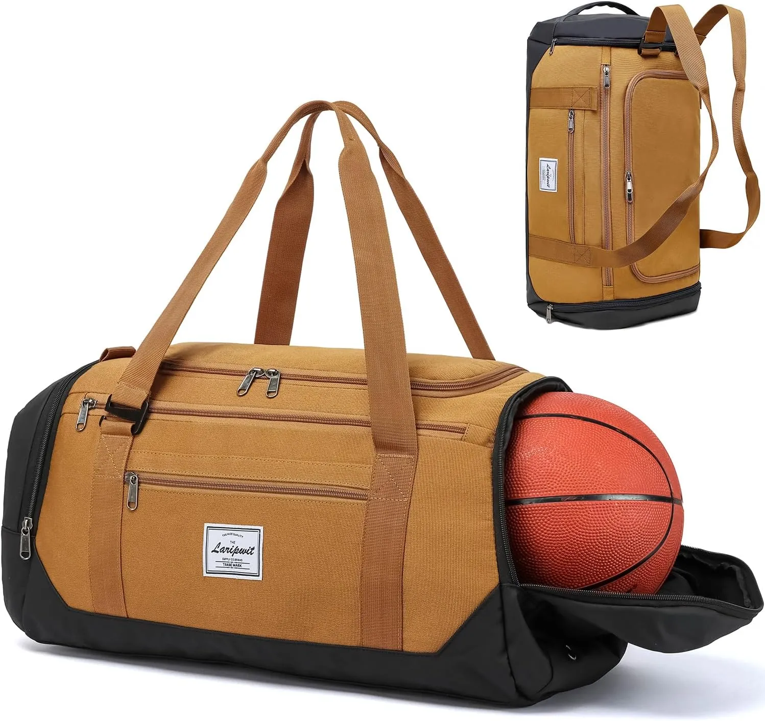 Laripwit Gym Bag Backpack for Men 40L Medium Sports Basketball Duffle Bag with Shoes Compartment & Wet Pocket, Travel Duffel Bag Backpacks for Weekender traveling, Womens Overnight Bag, Brown