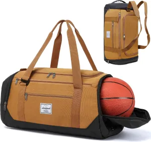 Laripwit Gym Bag Backpack for Men 40L Medium Sports Basketball Duffle Bag with Shoes Compartment & Wet Pocket, Travel Duffel Bag Backpacks for Weekender traveling, Womens Overnight Bag, Brown
