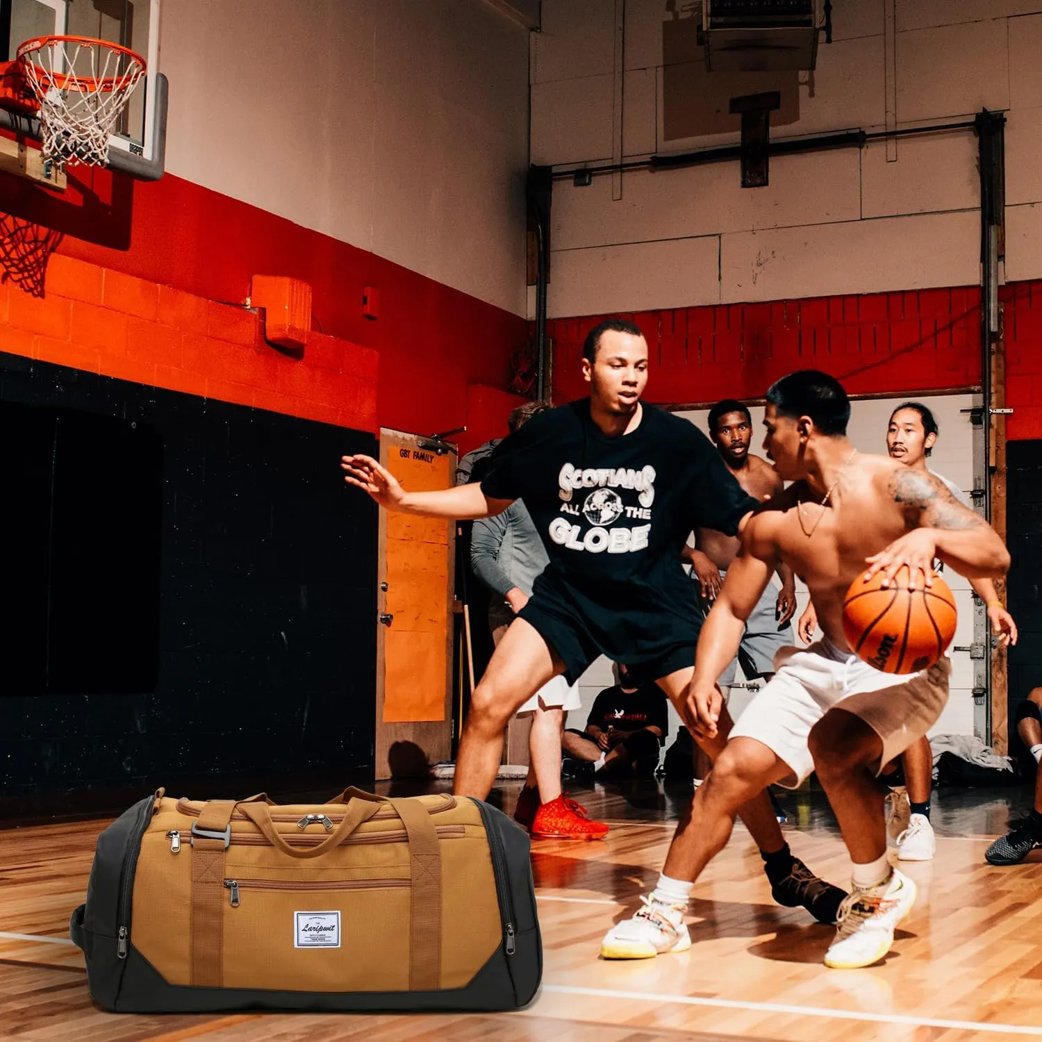 Laripwit Gym Bag Backpack for Men 40L Medium Sports Basketball Duffle Bag with Shoes Compartment & Wet Pocket, Travel Duffel Bag Backpacks for Weekender traveling, Womens Overnight Bag, Brown