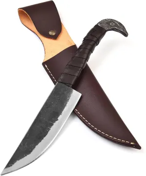 LEONA CRAFT® Handmade Fixed Hunting Knife | Odin's Raven Head Norse Viking Knife with Leather Sheath, Hand Forged Real Carbon Steel Blade for Camping, Skinning and Outdoor Activities
