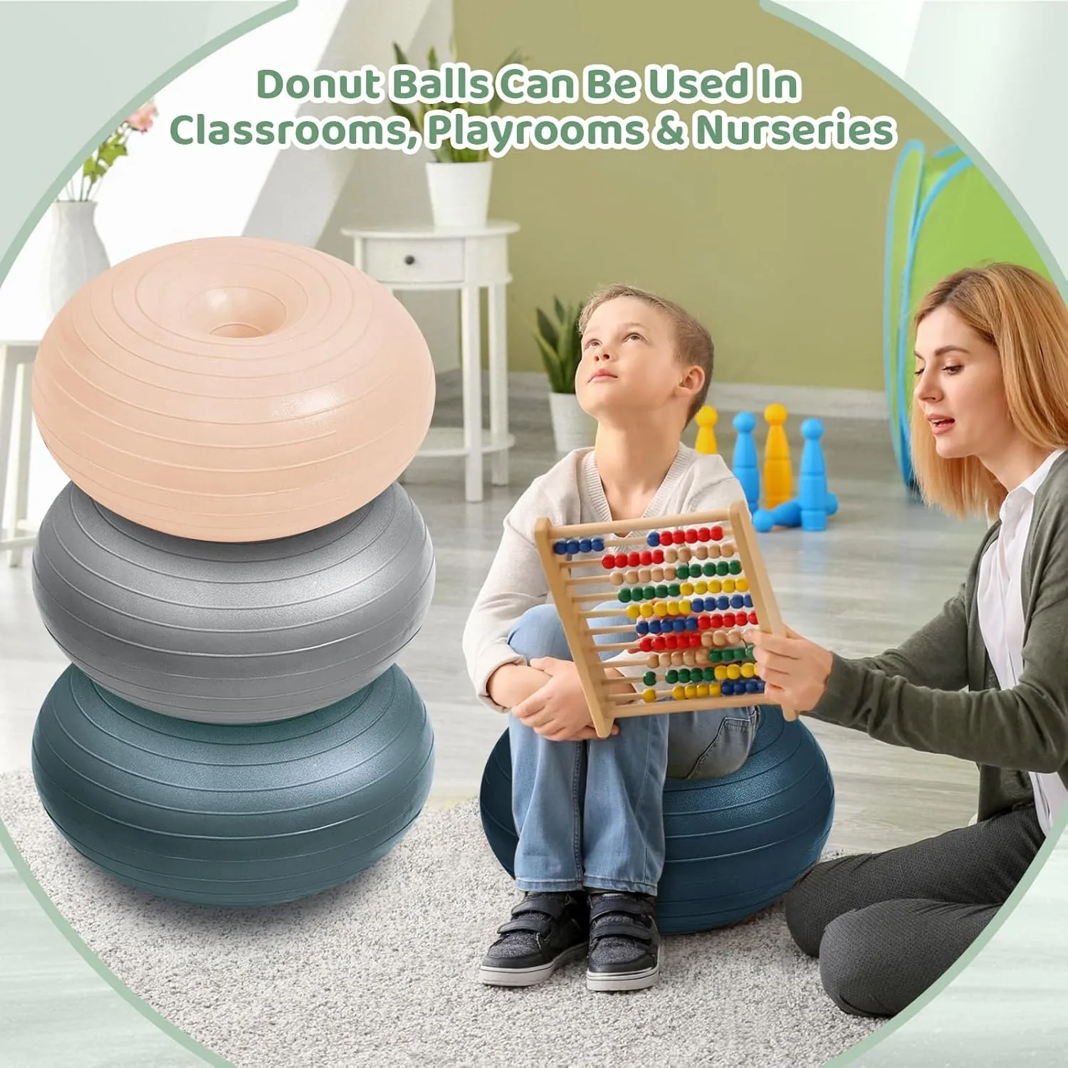 Lewtemi 4 Pcs Flexible Seating Yoga Ball Chair for Classroom 16.8 Inch Inflatable Donut Ball Chair with Inflator for Kids Student Sensory Balance Autistic Children and Office Exercise