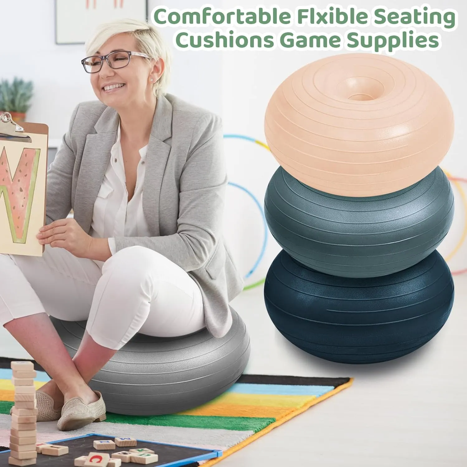 Lewtemi 4 Pcs Flexible Seating Yoga Ball Chair for Classroom 16.8 Inch Inflatable Donut Ball Chair with Inflator for Kids Student Sensory Balance Autistic Children and Office Exercise