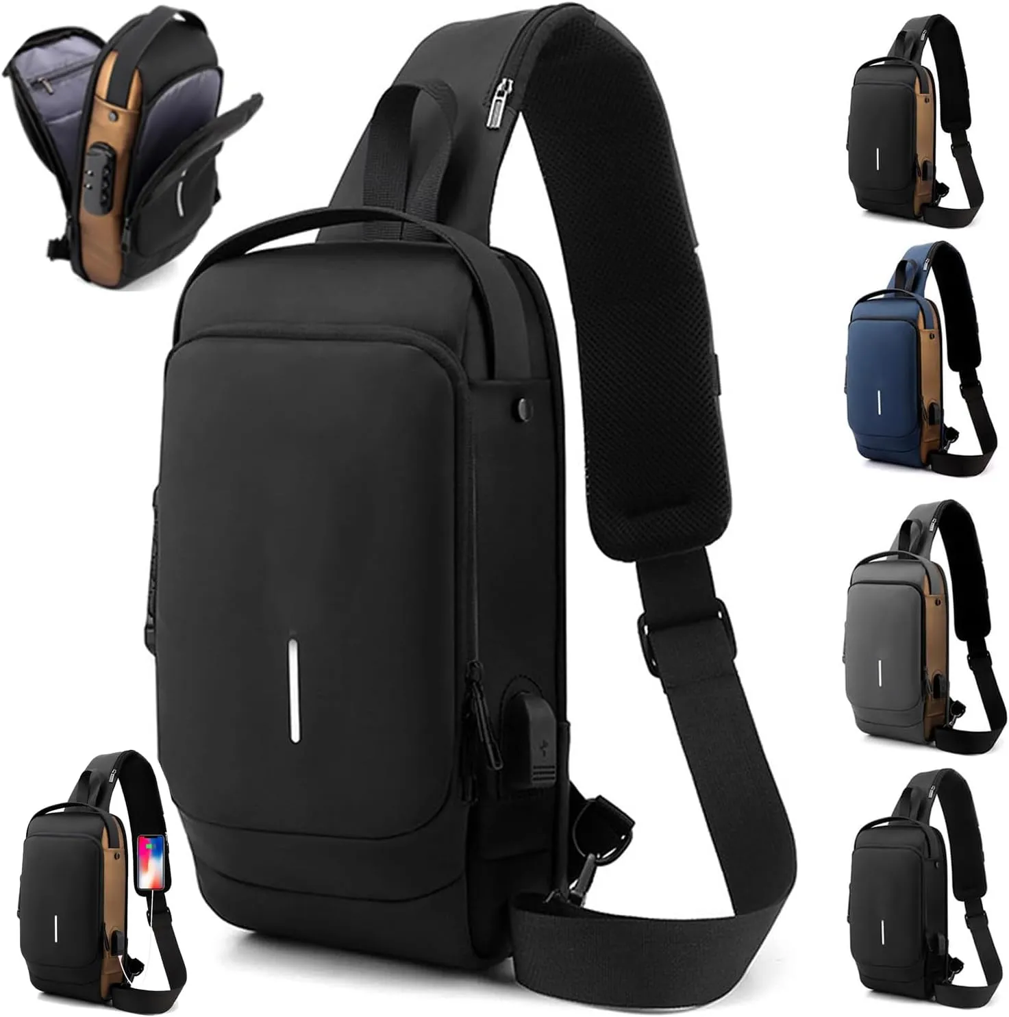 Leyweio Bag, Auricz Sling Bags, New Carbon Fiber Streamline Anti-Theft Sling Bag, USB Charging Sport Sling