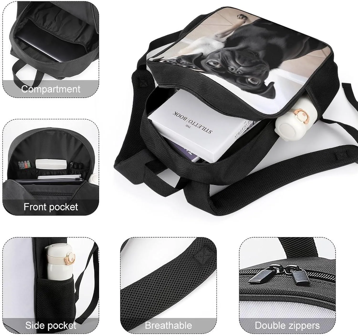 Lightweight Backpacks Cute Travel Bag Durable Cute Black Pug Dog Printing Small Travel Backpack For Women & Men