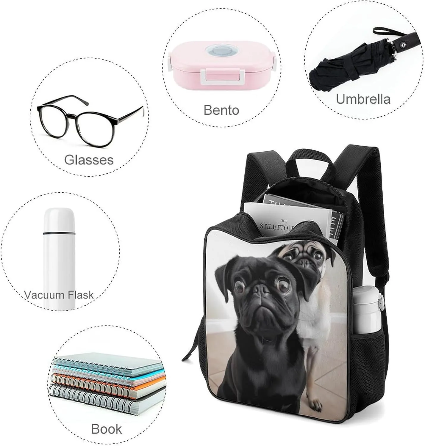Lightweight Backpacks Cute Travel Bag Durable Cute Black Pug Dog Printing Small Travel Backpack For Women & Men