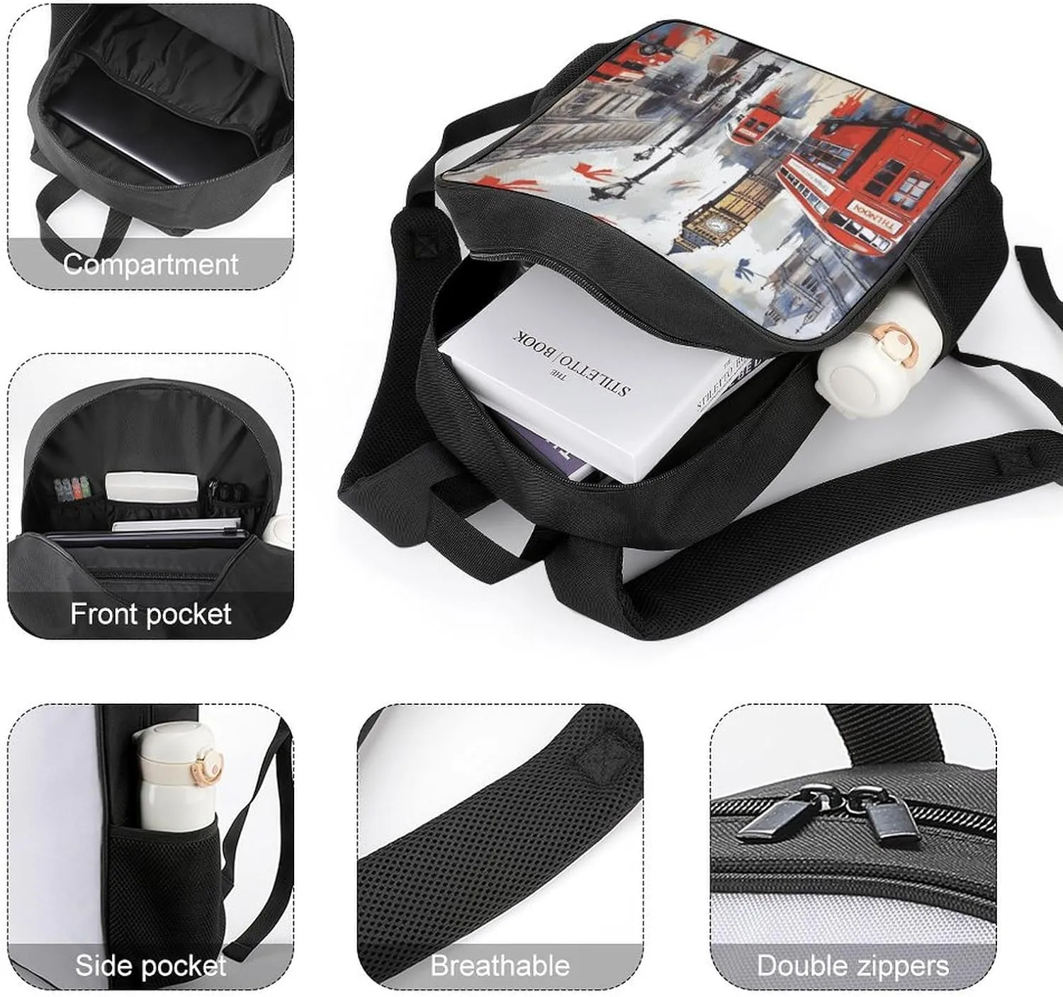 Lightweight Backpacks Cute Travel Bag Durable London Printing Small Travel Backpack For Women & Men