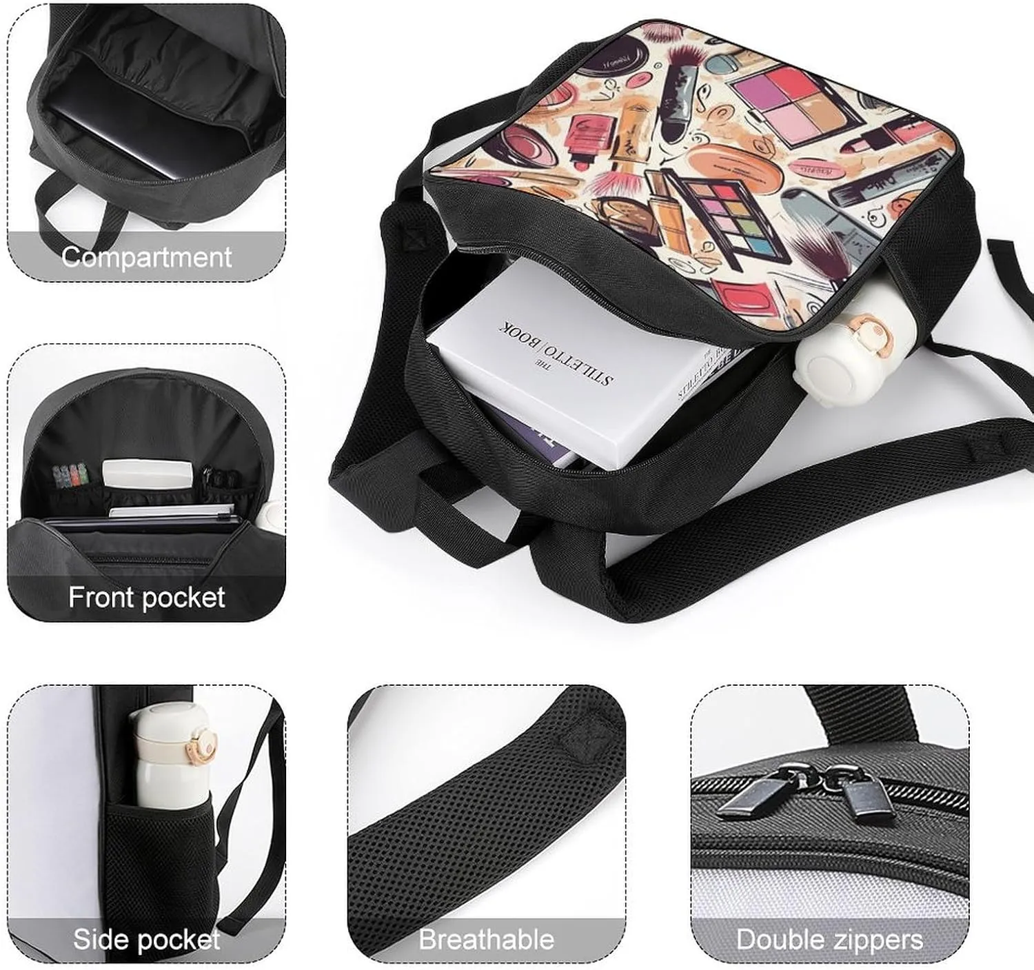Lightweight Backpacks Cute Travel Bag Durable Makeup Theme Pattern Printing Small Travel Backpack For Women & Men