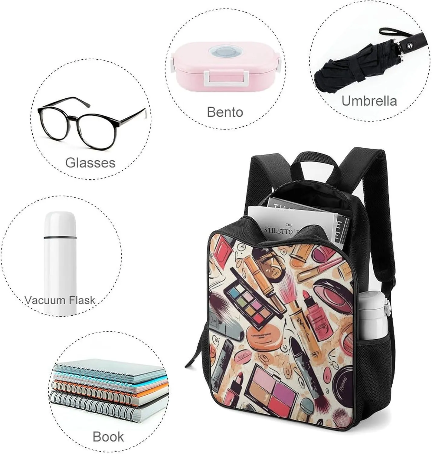 Lightweight Backpacks Cute Travel Bag Durable Makeup Theme Pattern Printing Small Travel Backpack For Women & Men