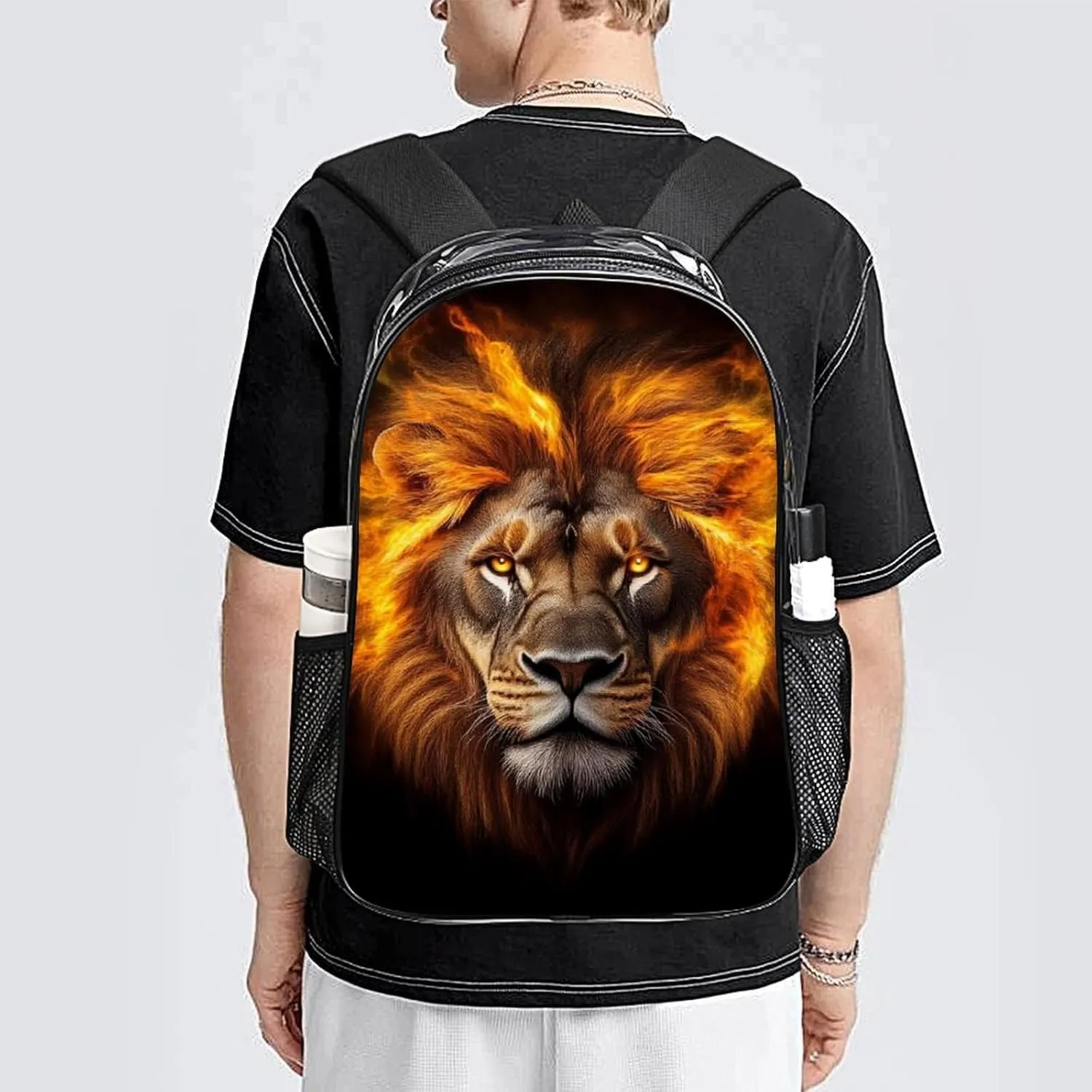 Lightweight Rucksacks for Camping Picnic Cycling - Large Capacity Multipurpose Transparent Carry On Bag, Cool Fire Lion Art Travel Hiking & Camping Rucksack