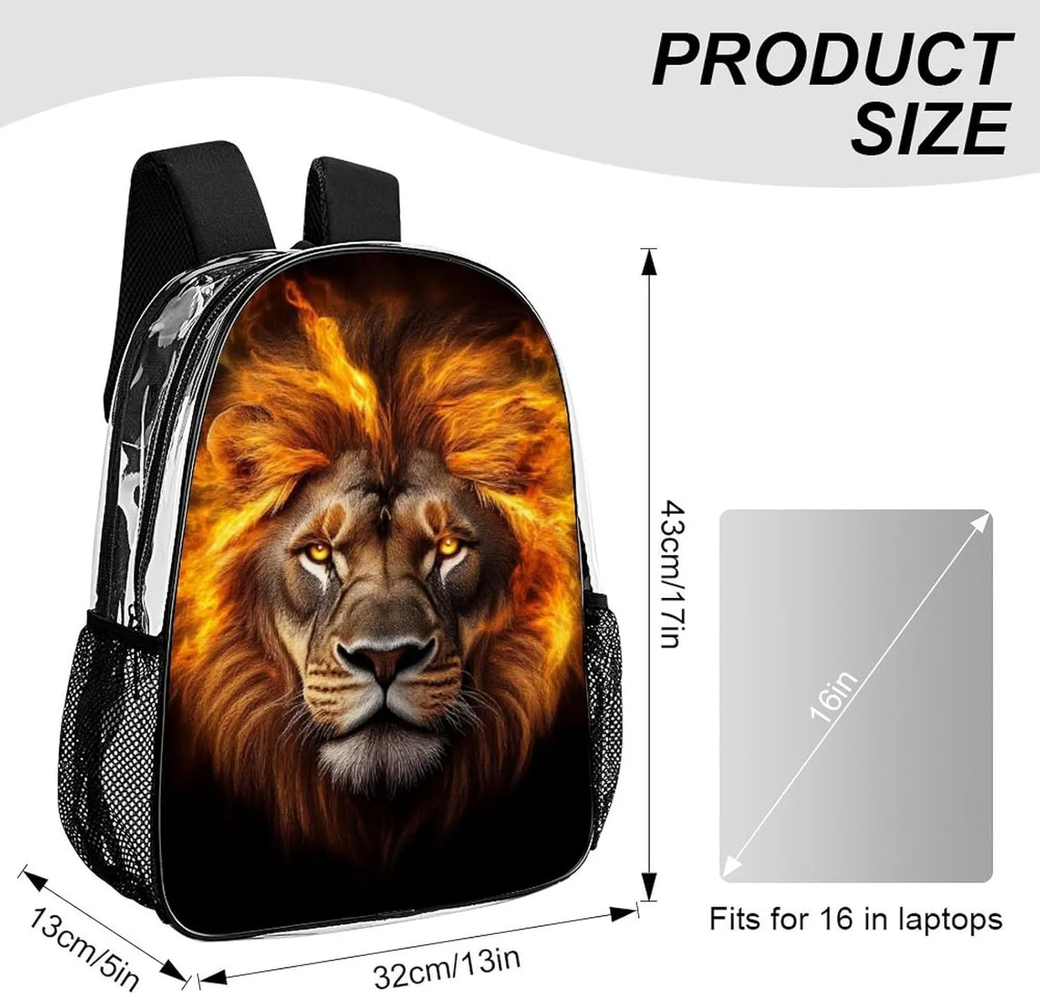 Lightweight Rucksacks for Camping Picnic Cycling - Large Capacity Multipurpose Transparent Carry On Bag, Cool Fire Lion Art Travel Hiking & Camping Rucksack
