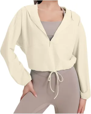 Lightweight Workout Jacket for Women Cropped Athletic Gym Running Hoodie UV Protection Half Zip Pullover UPF 50 