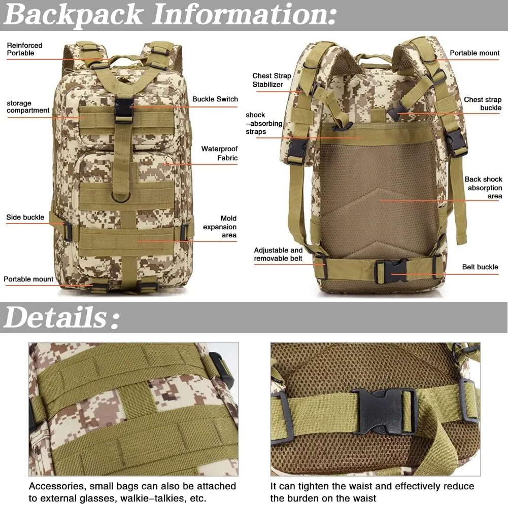LIMHOO Tactical Backpack for Men - Small Army Backpack Military Rucksack 30L EDC Molle Bag with USA Flag Patch (Desert Digital)
