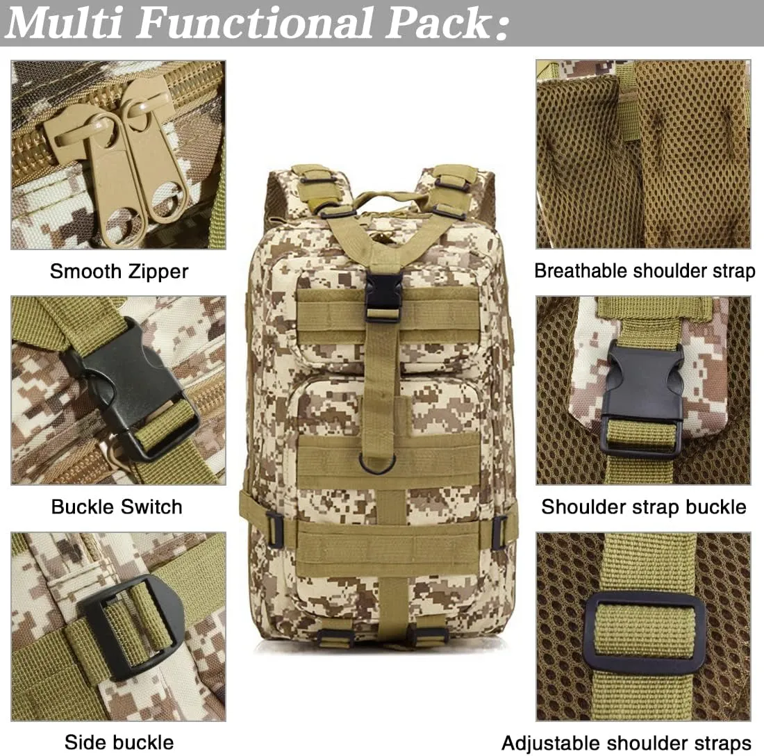 LIMHOO Tactical Backpack for Men - Small Army Backpack Military Rucksack 30L EDC Molle Bag with USA Flag Patch (Desert Digital)