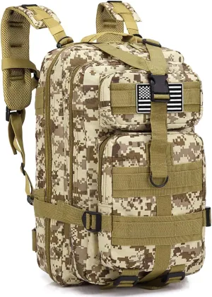 LIMHOO Tactical Backpack for Men - Small Army Backpack Military Rucksack 30L EDC Molle Bag with USA Flag Patch (Desert Digital)