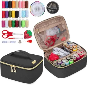 LoDrid Sewing Kit, Portable Flannel Bag with Complete Sewing Supplies for Travel & Home, Sewing Repair Kit Tools for Adults, Kids & Beginners, 24 Color Threads, 30 Needles & Sewing Accessories, Black