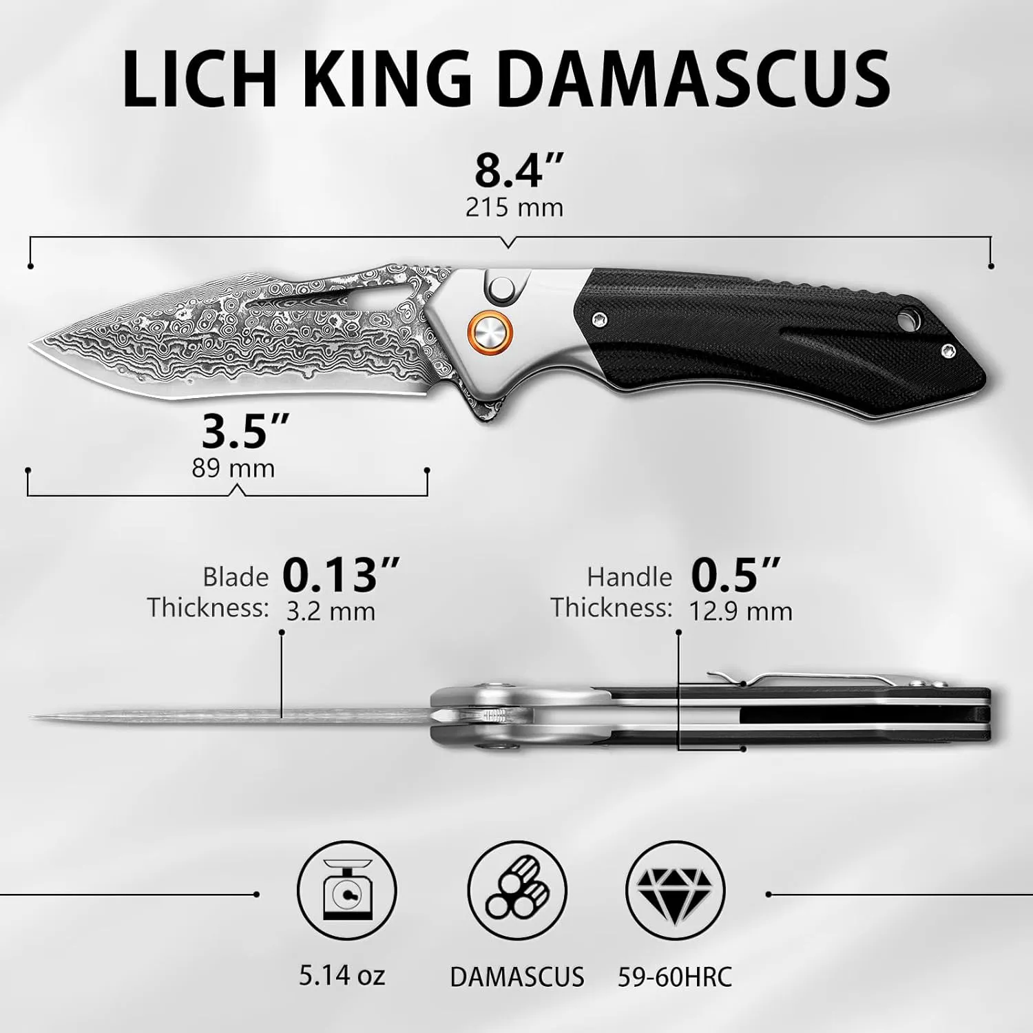 LOTHAR LICH KING Damascus Pocket Knife for Men, Handmade Forged VG10 Damascus Folding Knife with G10 Handle, Gifts for Men Cool EDC Knife, Pocket Clip, Exotic Touch Pocket EDC Knife (DAMASCUS)