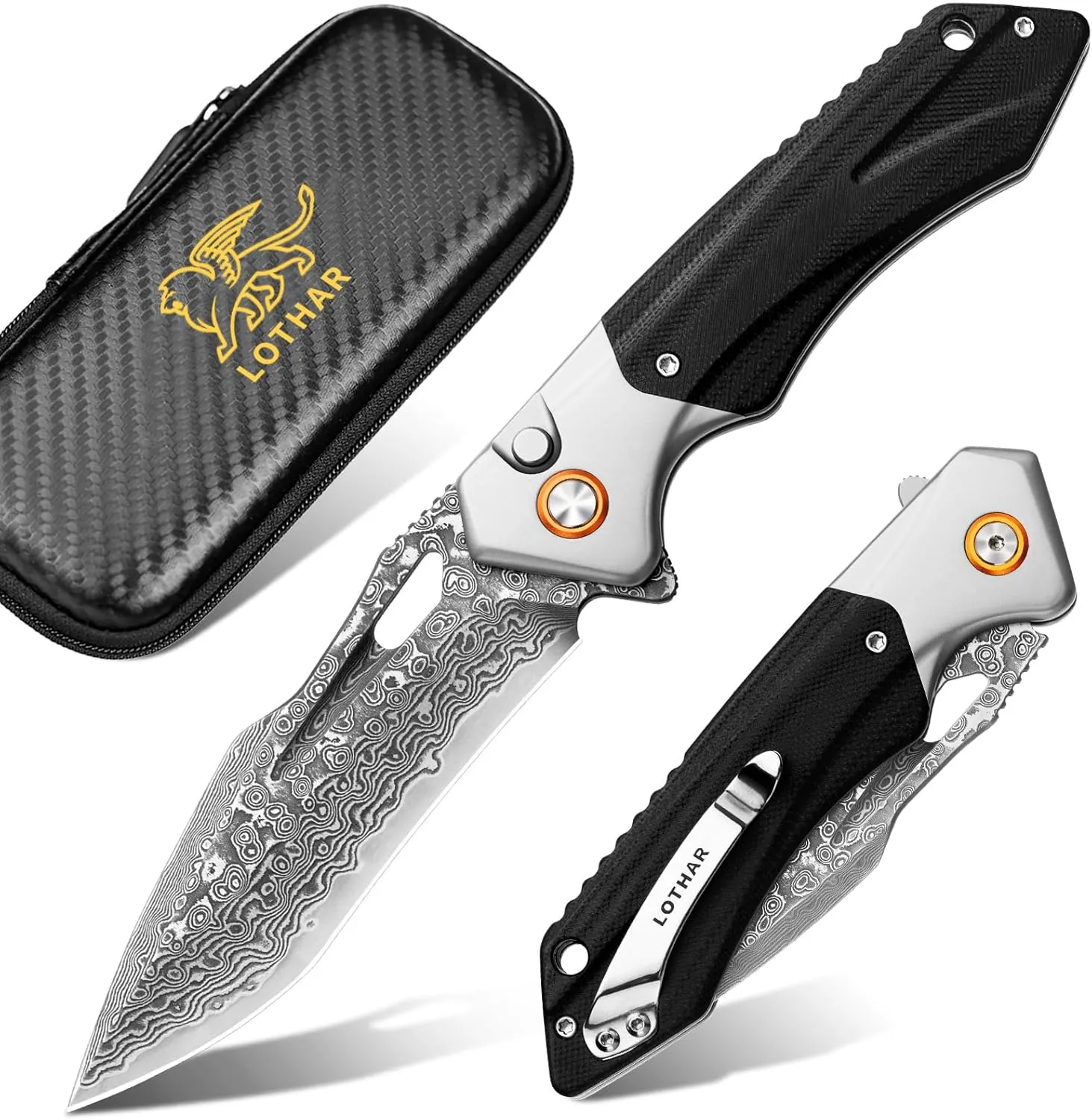 LOTHAR LICH KING Damascus Pocket Knife for Men, Handmade Forged VG10 Damascus Folding Knife with G10 Handle, Gifts for Men Cool EDC Knife, Pocket Clip, Exotic Touch Pocket EDC Knife (DAMASCUS)