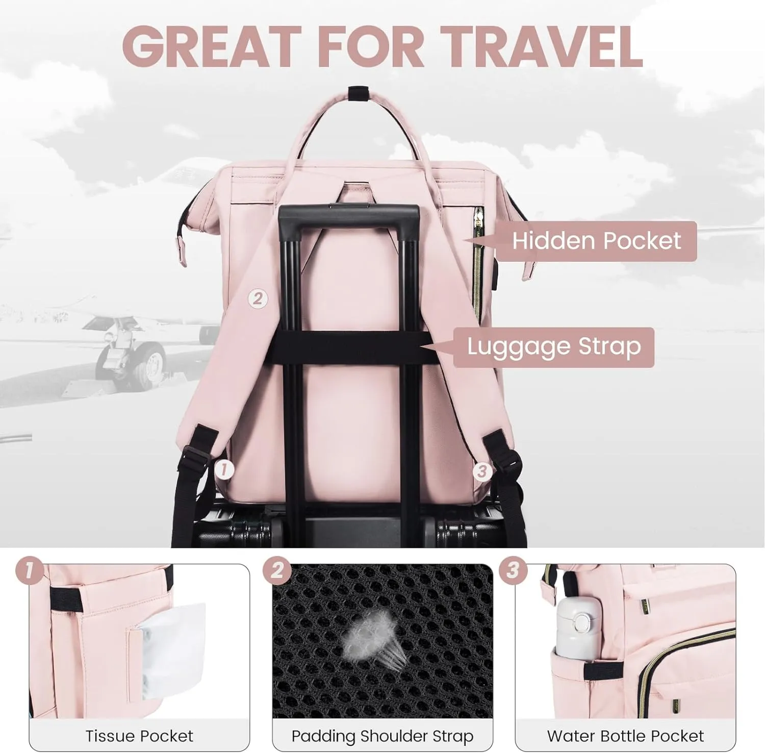 LOVEVOOK Laptop Backpack for Women,18 Inch Professional Womens Travel Backpack Purse Computer Laptop Bag Nurse Teacher Backpack,Waterproof College Work Bags Carry on Back Pack with USB Port, Pink