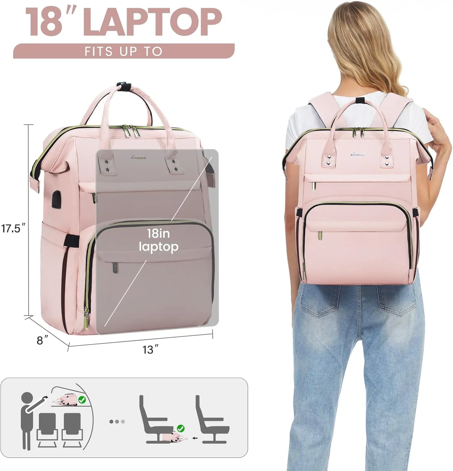 LOVEVOOK Laptop Backpack for Women,18 Inch Professional Womens Travel Backpack Purse Computer Laptop Bag Nurse Teacher Backpack,Waterproof College Work Bags Carry on Back Pack with USB Port, Pink