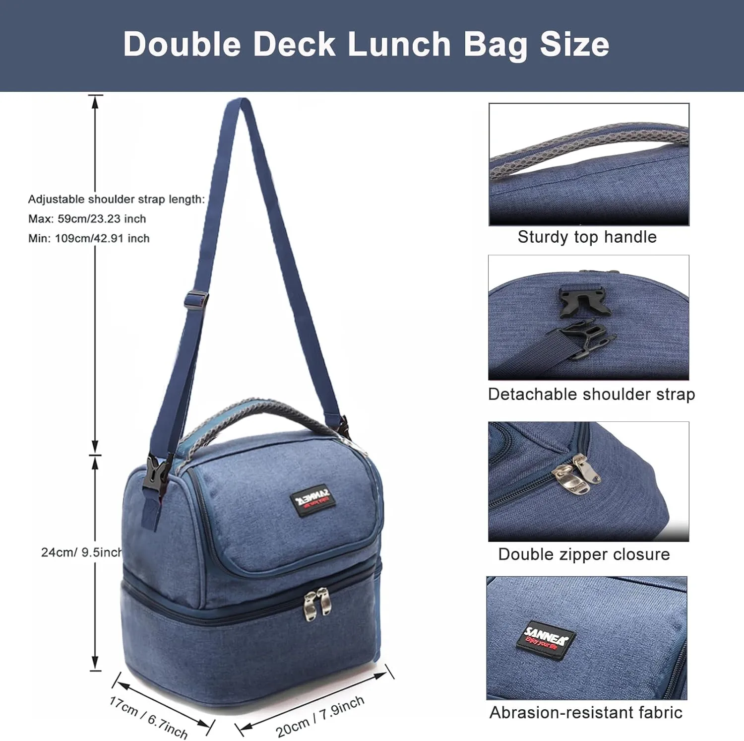 Lunch Bag for Women Double Decker Leakproof Lunch Box for Men Adult Small Cooler Insulated Lunchbox Thermal Tote Work Travel Picnic Food Drink Cool Bag (Navy Blue)