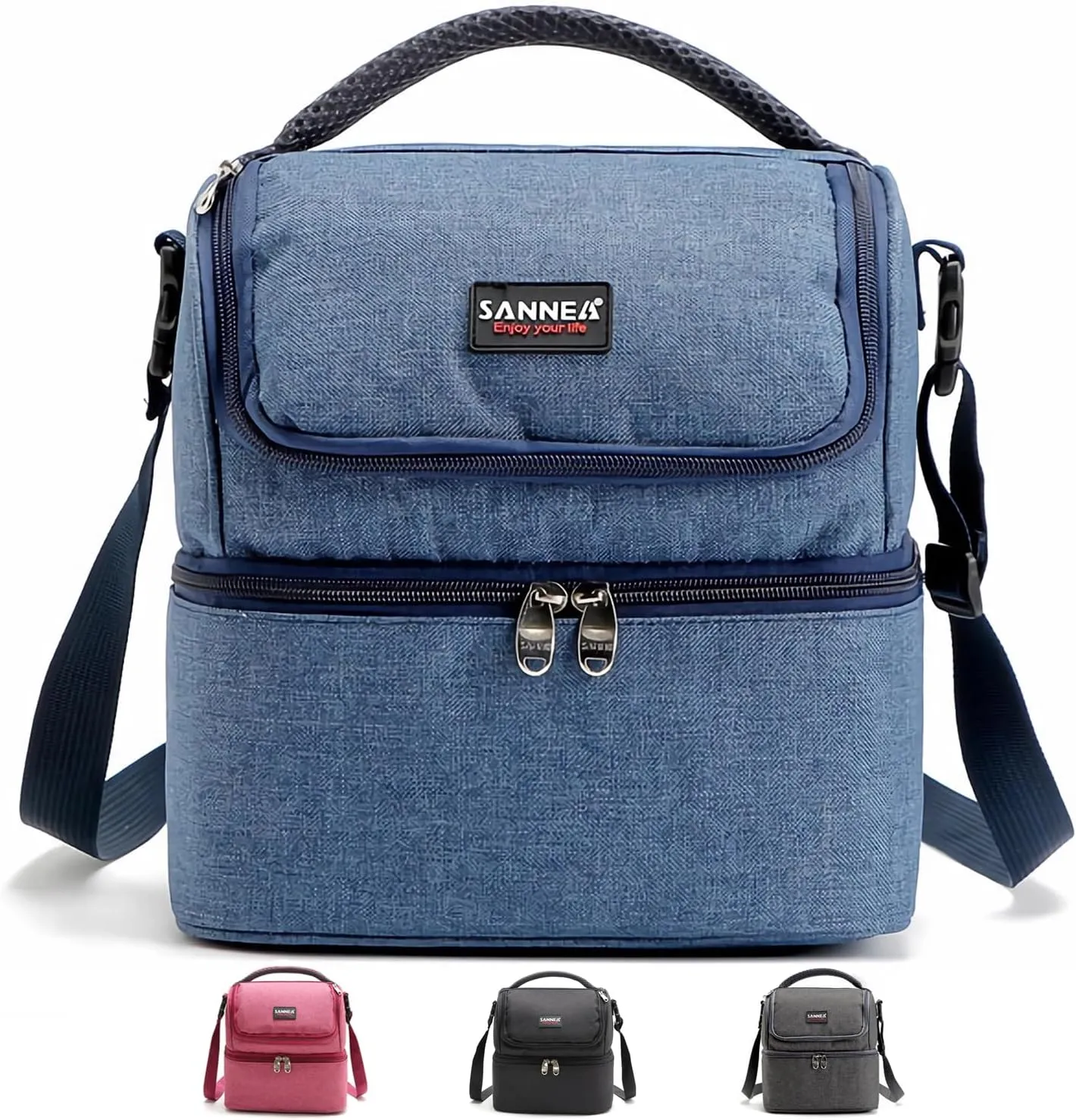 Lunch Bag for Women Double Decker Leakproof Lunch Box for Men Adult Small Cooler Insulated Lunchbox Thermal Tote Work Travel Picnic Food Drink Cool Bag (Navy Blue)