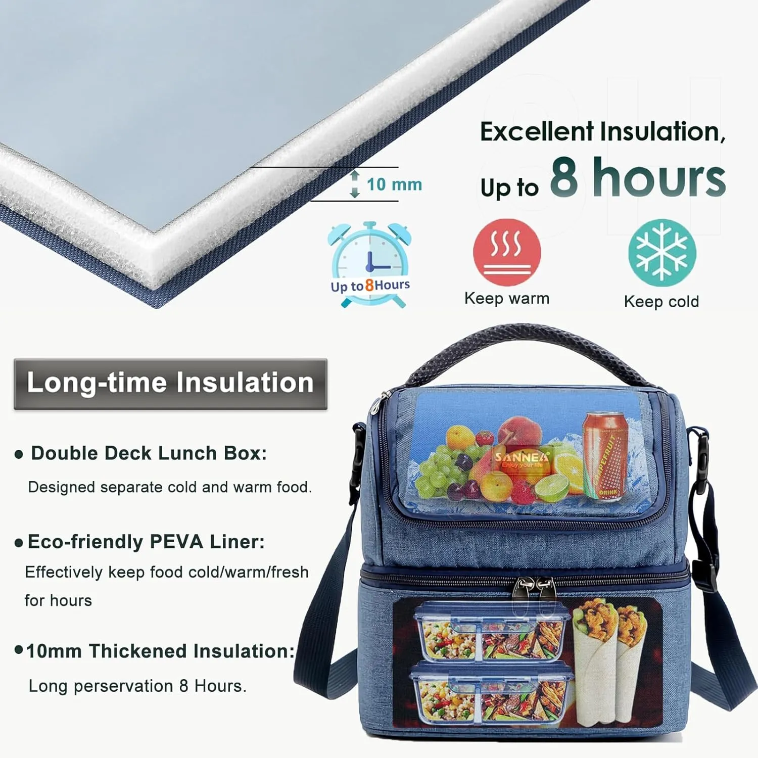 Lunch Bag for Women Double Decker Leakproof Lunch Box for Men Adult Small Cooler Insulated Lunchbox Thermal Tote Work Travel Picnic Food Drink Cool Bag (Navy Blue)