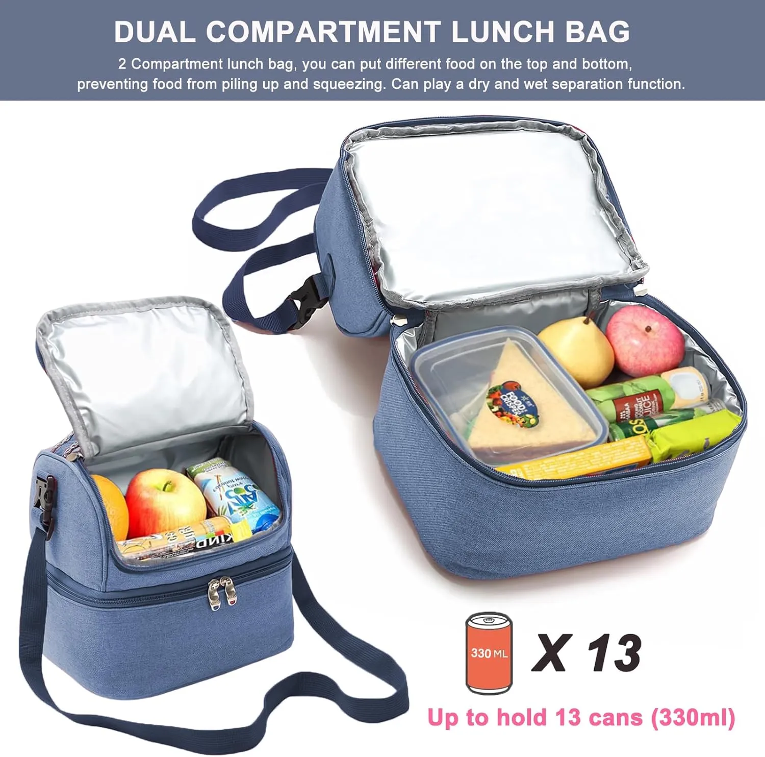 Lunch Bag for Women Double Decker Leakproof Lunch Box for Men Adult Small Cooler Insulated Lunchbox Thermal Tote Work Travel Picnic Food Drink Cool Bag (Navy Blue)