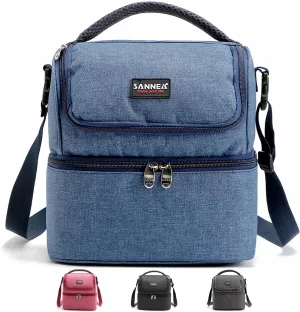 Lunch Bag for Women Double Decker Leakproof Lunch Box for Men Adult Small Cooler Insulated Lunchbox Thermal Tote Work Travel Picnic Food Drink Cool Bag (Navy Blue)