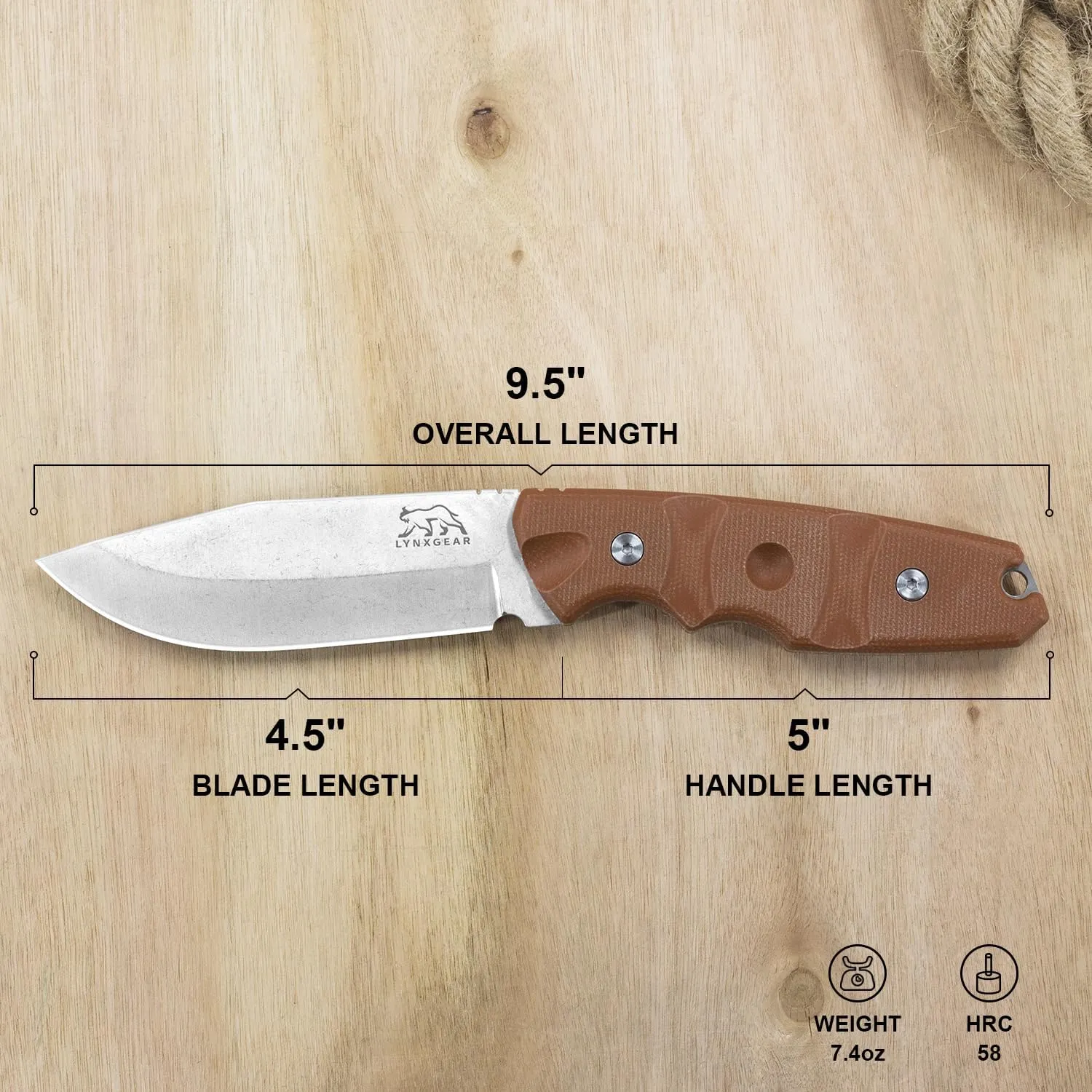 LYNXGEAR Fixed Blade Knife with Sheath, 4.5" D2 Blade Hunting Knife with Brown Micarta Handle, Perfect EDC Survival Bushcraft Beltknife for Men Women