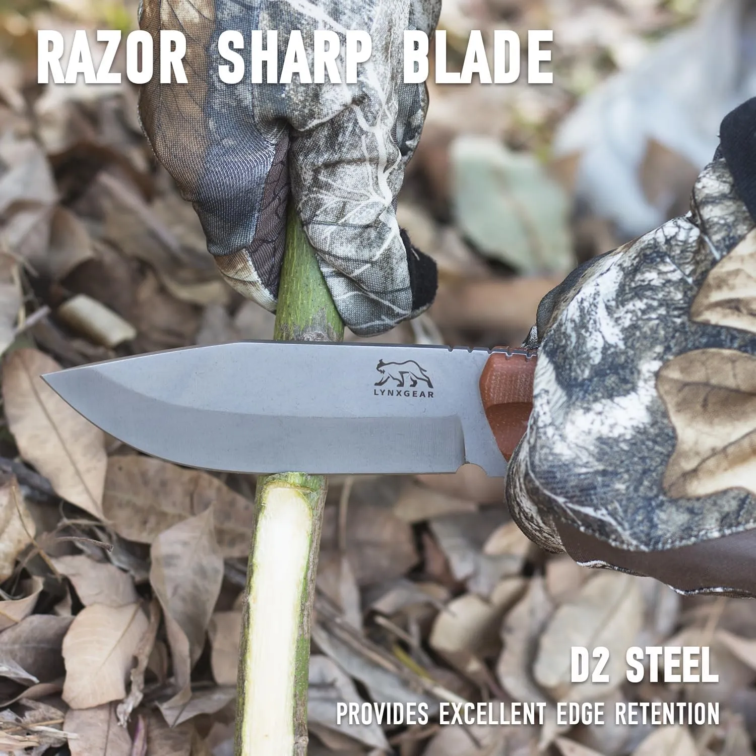 LYNXGEAR Fixed Blade Knife with Sheath, 4.5" D2 Blade Hunting Knife with Brown Micarta Handle, Perfect EDC Survival Bushcraft Beltknife for Men Women