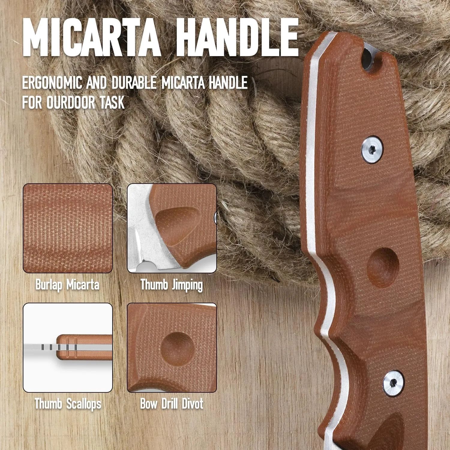 LYNXGEAR Fixed Blade Knife with Sheath, 4.5" D2 Blade Hunting Knife with Brown Micarta Handle, Perfect EDC Survival Bushcraft Beltknife for Men Women