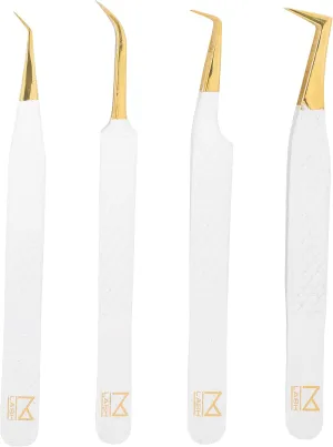 M LASH Tweezers for Eyelash Extensions - Professional Lash Extension Tweezers (Set of 4) - Fiber Tip, Japanese Steel, Diamond Grip (White)