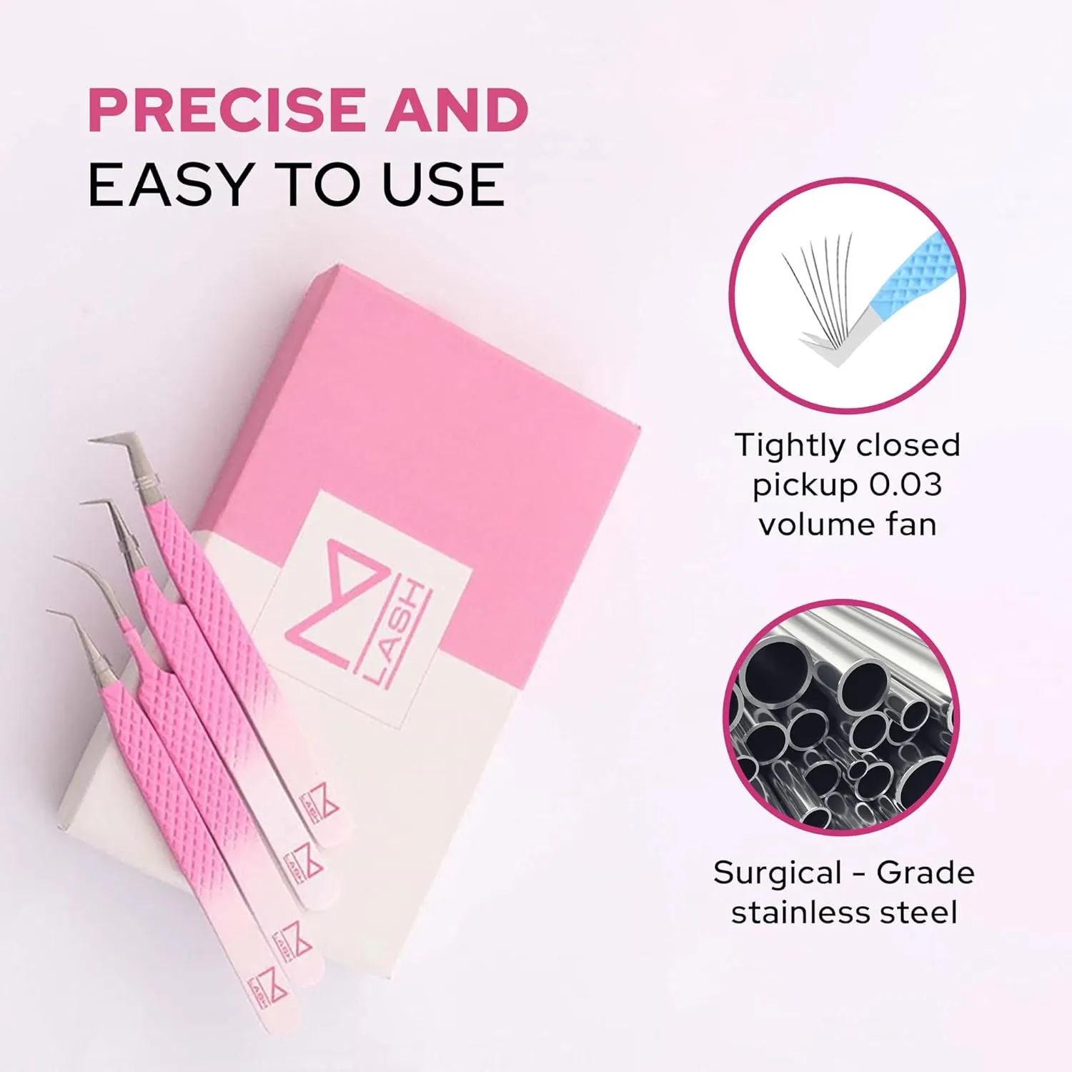 M LASH Tweezers for Eyelash Extensions - Professional Lash Extension Tweezers (Set of 4) - Fiber Tip, Japanese Steel, Diamond Grip (White)