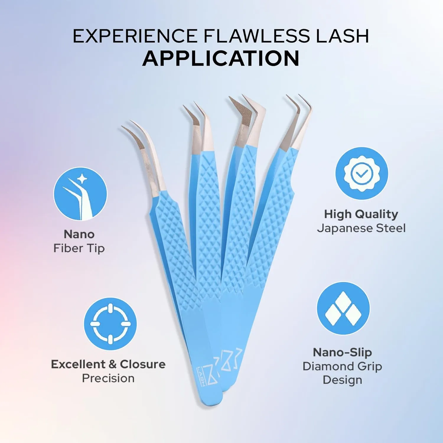 M LASH Tweezers for Eyelash Extensions - Professional Lash Extension Tweezers (Set of 4) - Fiber Tip, Japanese Steel, Diamond Grip (White)