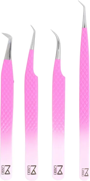 M LASH Tweezers for Eyelash Extensions (Set of 4) - Professional Lash Extension Tweezers - Fiber Tip, Japanese Steel, Diamond Grip Eyelash Extension Tweezer (PW-Ombre)
