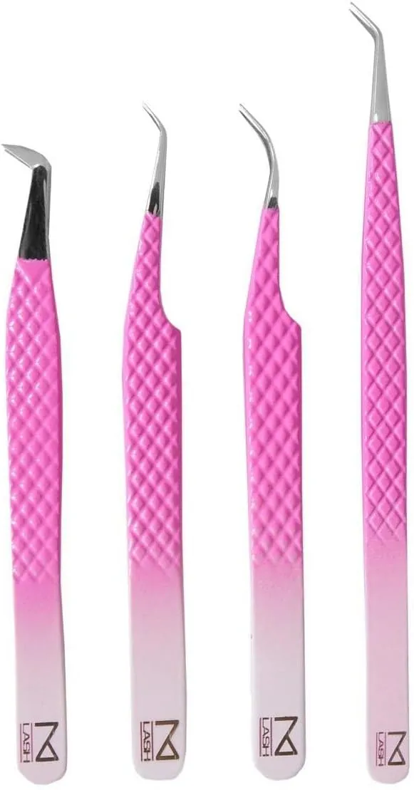 M LASH Tweezers for Eyelash Extensions (Set of 4) - Professional Lash Extension Tweezers - Fiber Tip, Japanese Steel, Diamond Grip Eyelash Extension Tweezer (PW-Ombre)