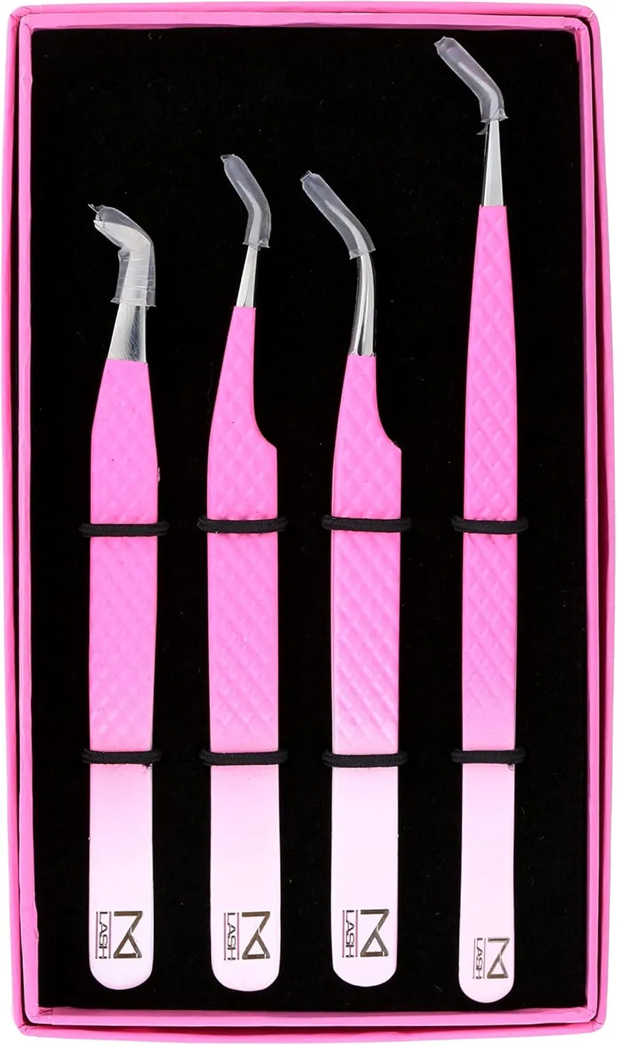 M LASH Tweezers for Eyelash Extensions (Set of 4) - Professional Lash Extension Tweezers - Fiber Tip, Japanese Steel, Diamond Grip Eyelash Extension Tweezer (PW-Ombre)